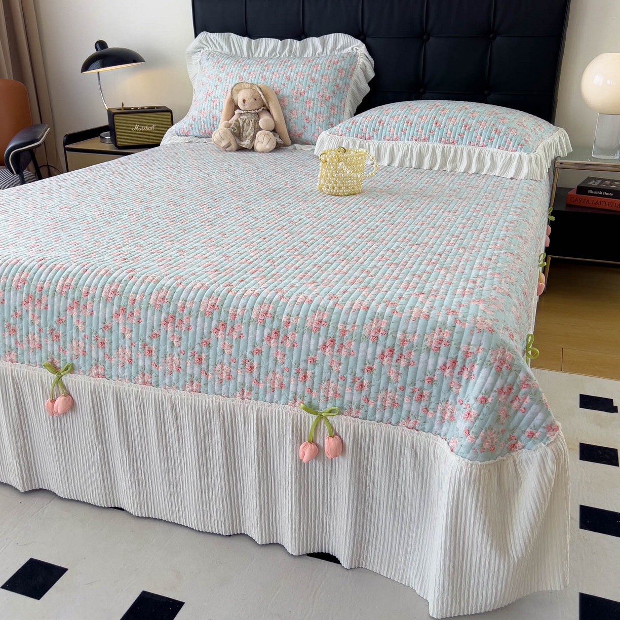 91家纺网 家纺一手货源 找家纺 花漾家居 2026新款雪尼尔雪纺蕾丝大花边床盖单品床盖单件三件套 伊水芙蓉