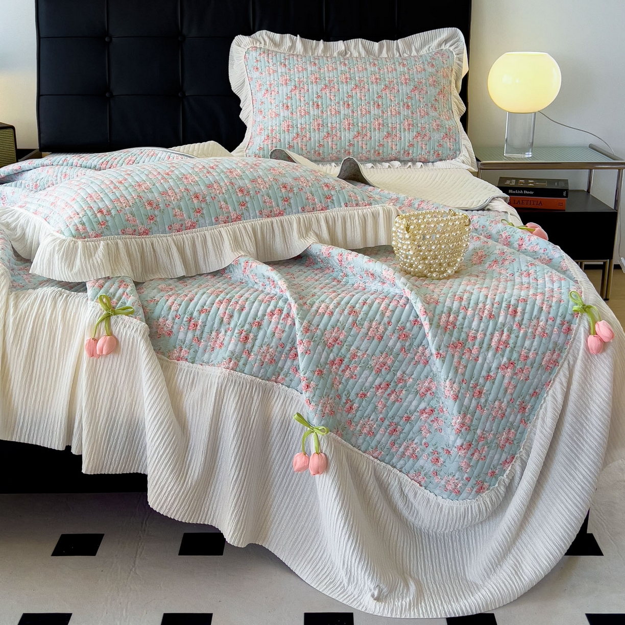 91家纺网 家纺一手货源 找家纺 花漾家居 2026新款雪尼尔雪纺蕾丝大花边床盖单品床盖单件三件套 伊水芙蓉