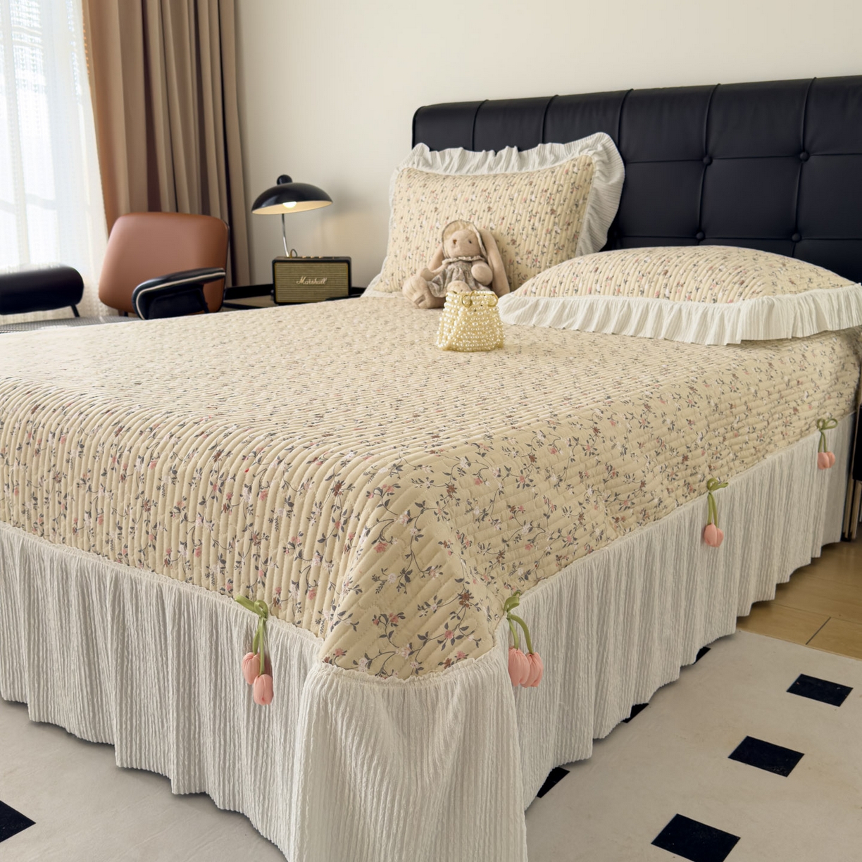 花漾家居 2026新款雪尼尔雪纺蕾丝大花边床盖单品床盖单件三件套 幽兰月色