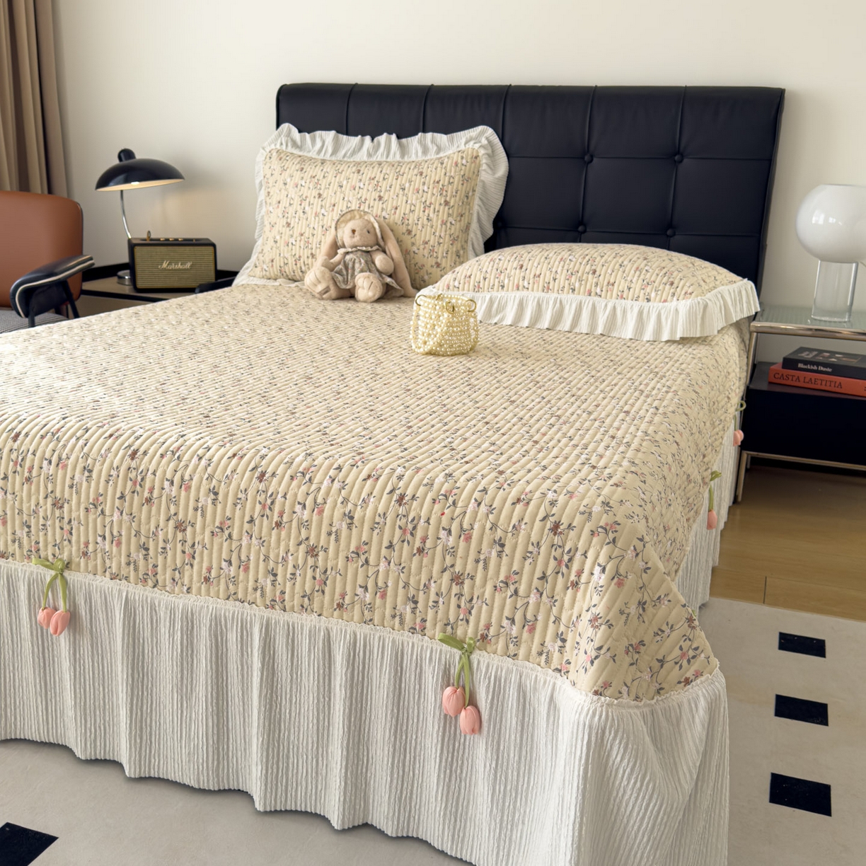 91家纺网 家纺一手货源 找家纺 花漾家居 2026新款雪尼尔雪纺蕾丝大花边床盖单品床盖单件三件套 幽兰月色