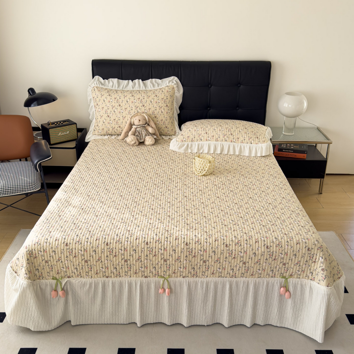 91家纺网 家纺一手货源 找家纺 花漾家居 2026新款雪尼尔雪纺蕾丝大花边床盖单品床盖单件三件套 幽兰月色