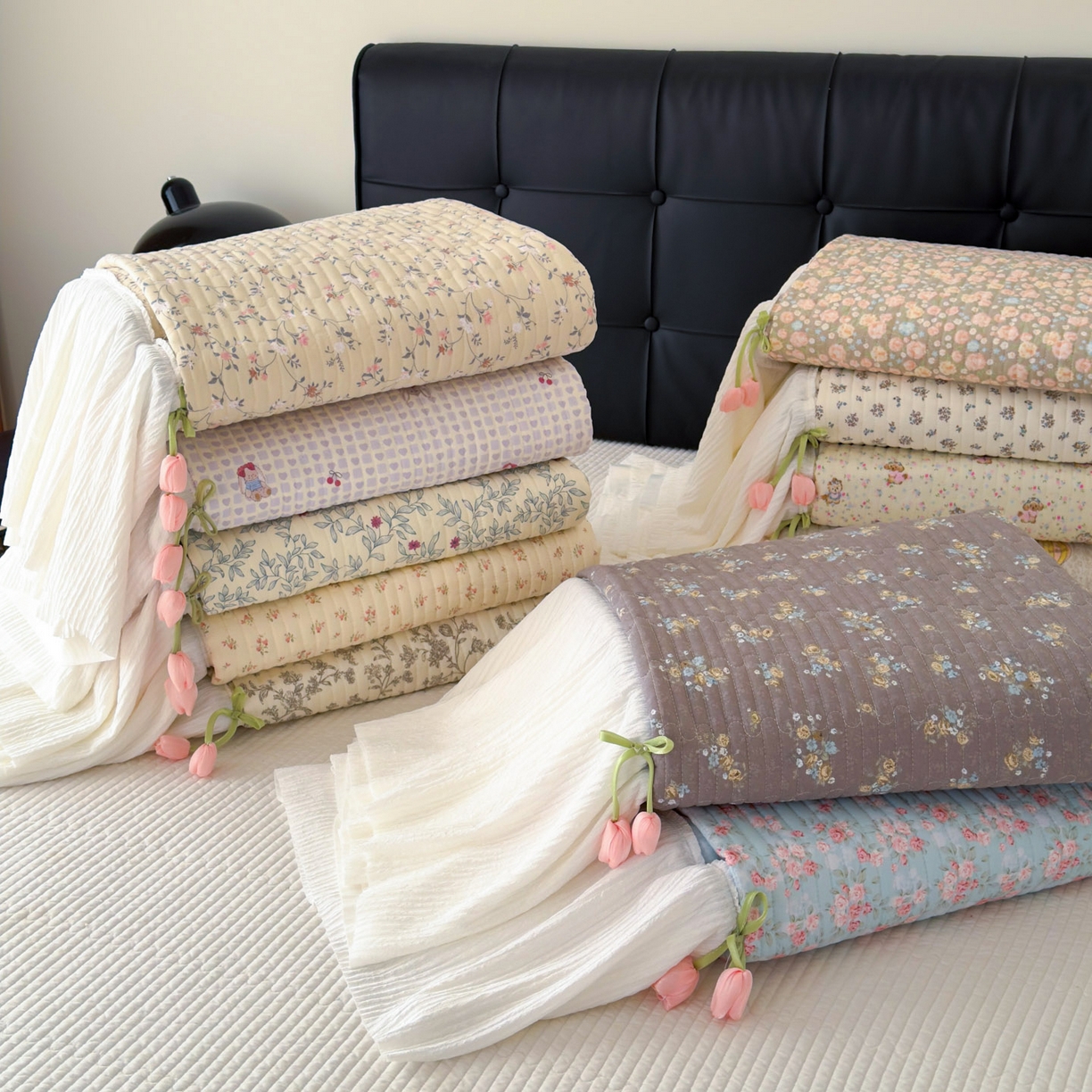 花漾家居 2026新款雪尼尔雪纺蕾丝大花边床盖单品床盖单件三件套 组合图仅供参考不可下单