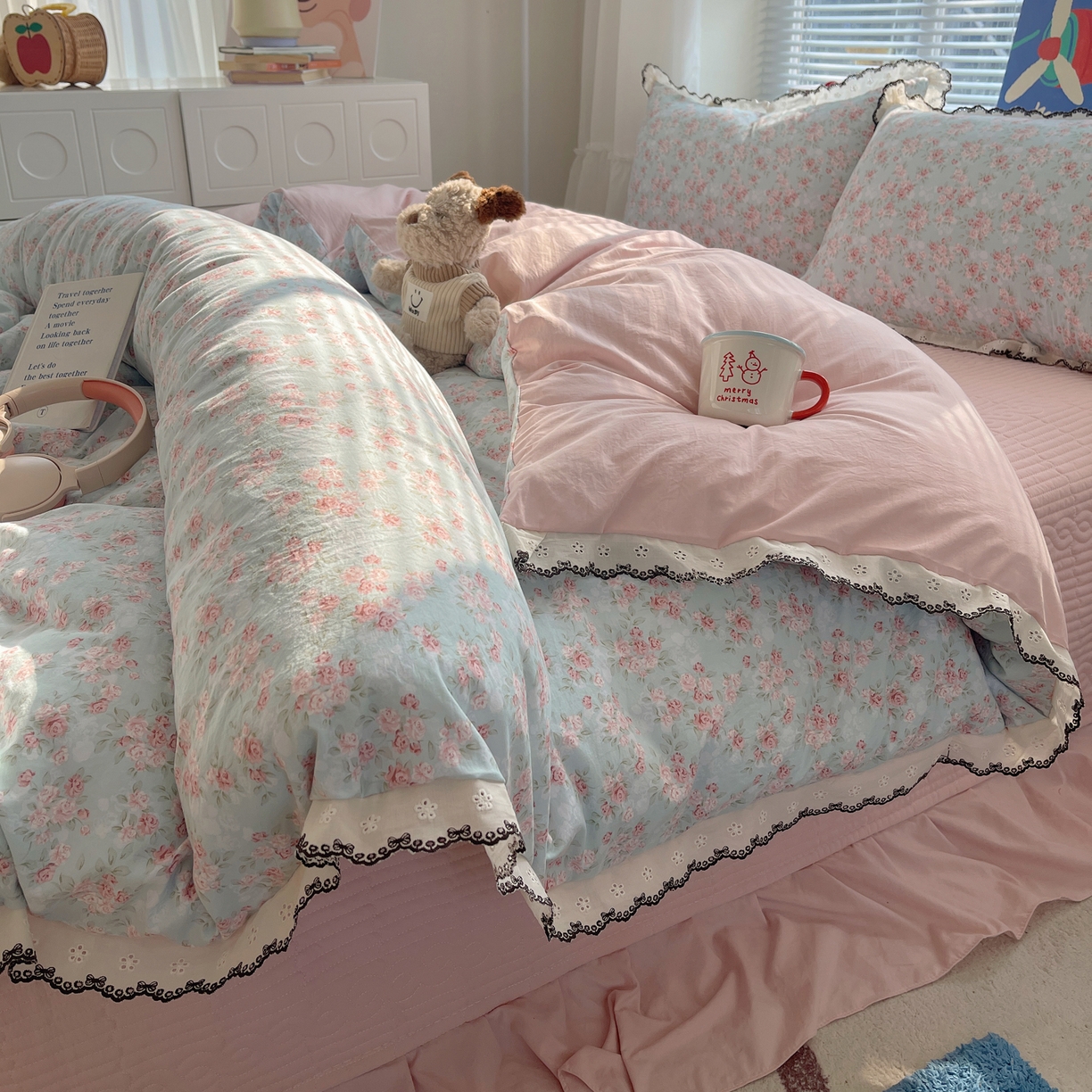 花漾家居 2026小红书推荐款小清新刺绣花边款床单床盖款四件套新款 花仙子