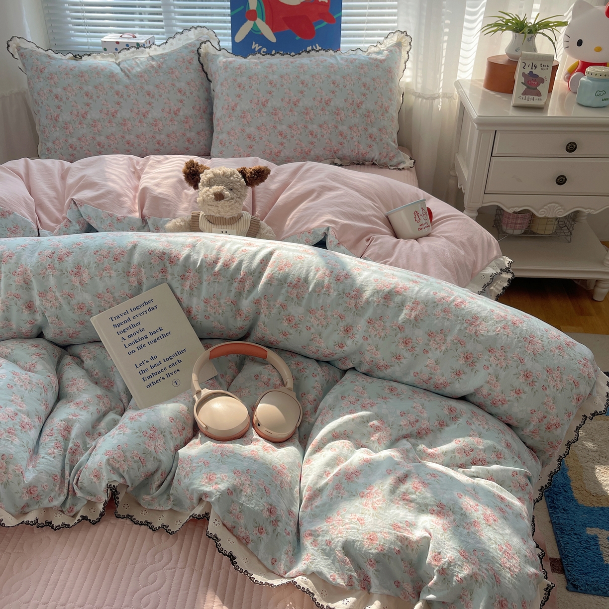 91家纺网 家纺一手货源 找家纺 花漾家居 2026小红书推荐款小清新刺绣花边款床单床盖款四件套新款 花仙子