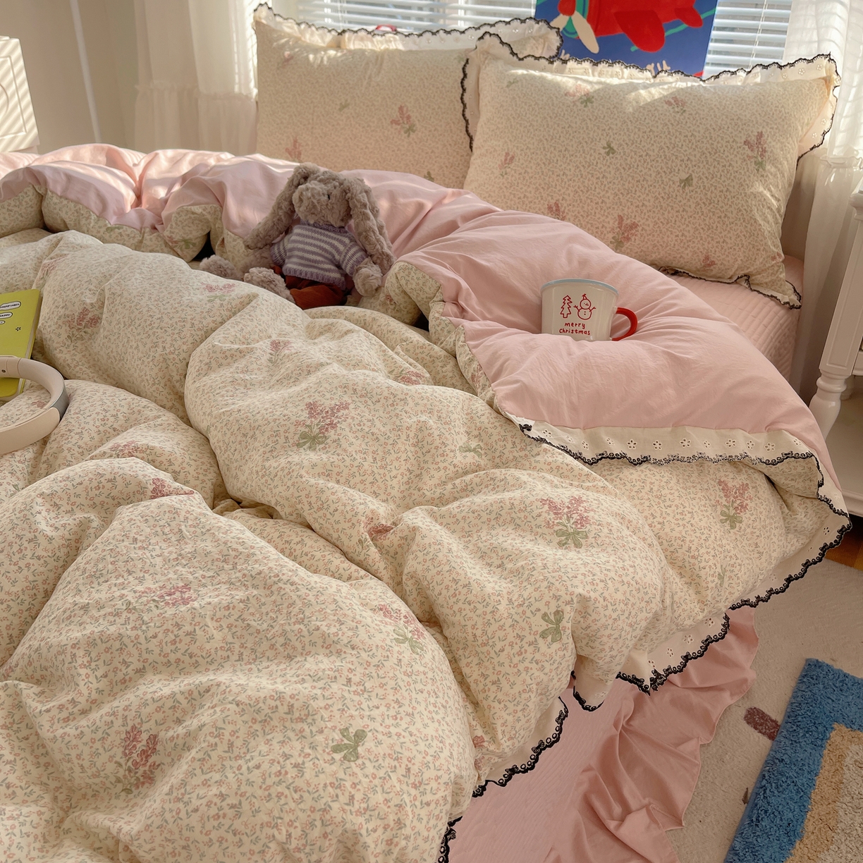 91家纺网 家纺一手货源 找家纺 花漾家居 2026小红书推荐款小清新刺绣花边款床单床盖款四件套新款 薰衣草