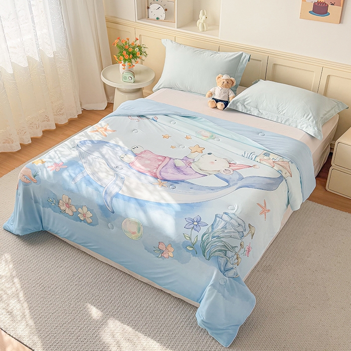 91家纺网 家纺一手货源 找家纺 米乐被业 2026新款大板氨纶凉感夏被被子被芯 海洋世界