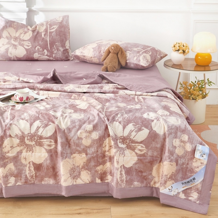 91家纺网 家纺一手货源 找家纺 黛妮雅 2026新款里外全棉印花棉花被纯棉夏被夏凉被空调被 夏被四件套暖屿-豆沙