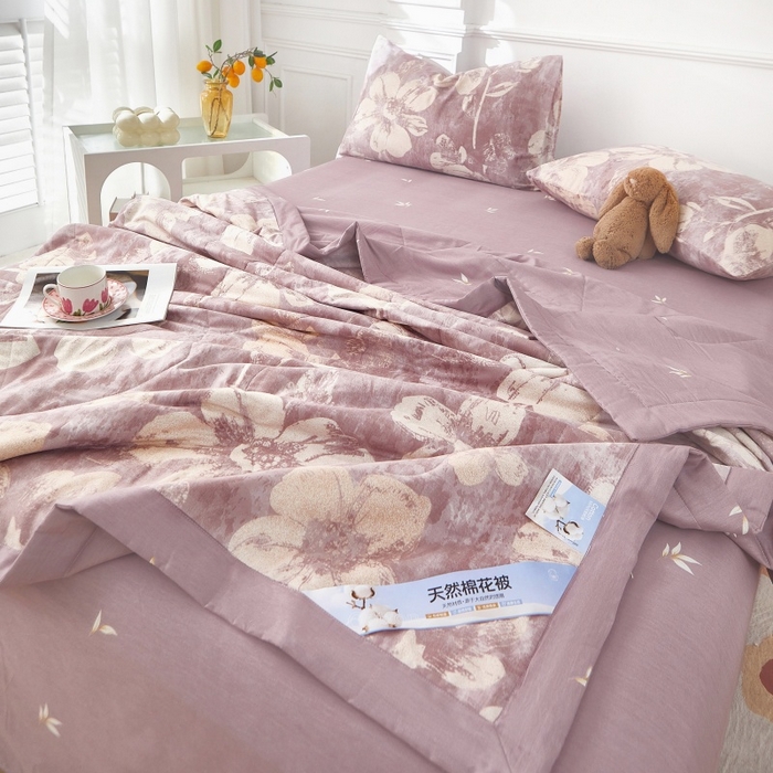 91家纺网 家纺一手货源 找家纺 黛妮雅 2026新款里外全棉印花棉花被纯棉夏被夏凉被空调被 夏被四件套暖屿-豆沙
