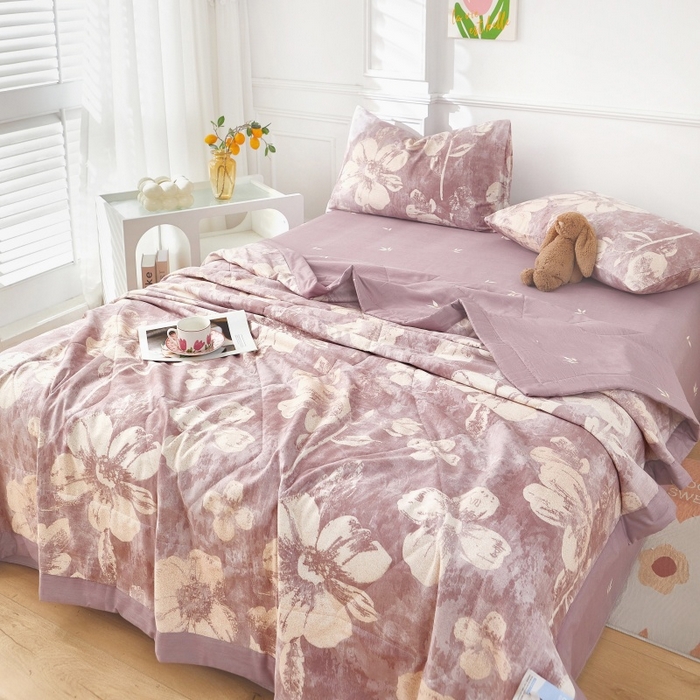 91家纺网 家纺一手货源 找家纺 黛妮雅 2026新款里外全棉印花棉花被纯棉夏被夏凉被空调被 夏被四件套暖屿-豆沙