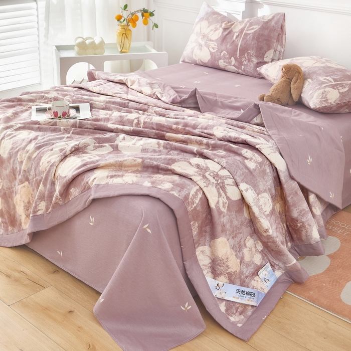 91家纺网 家纺一手货源 找家纺 黛妮雅 2026新款里外全棉印花棉花被纯棉夏被夏凉被空调被 夏被四件套暖屿-豆沙