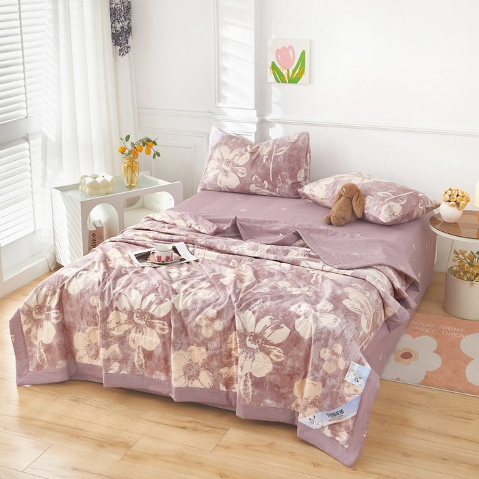 91家纺网 家纺一手货源 找家纺 黛妮雅 2026新款里外全棉印花棉花被纯棉夏被夏凉被空调被 夏被四件套暖屿-豆沙