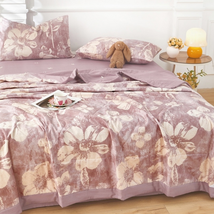 91家纺网 家纺一手货源 找家纺 黛妮雅 2026新款里外全棉印花棉花被纯棉夏被夏凉被空调被 夏被四件套暖屿-豆沙