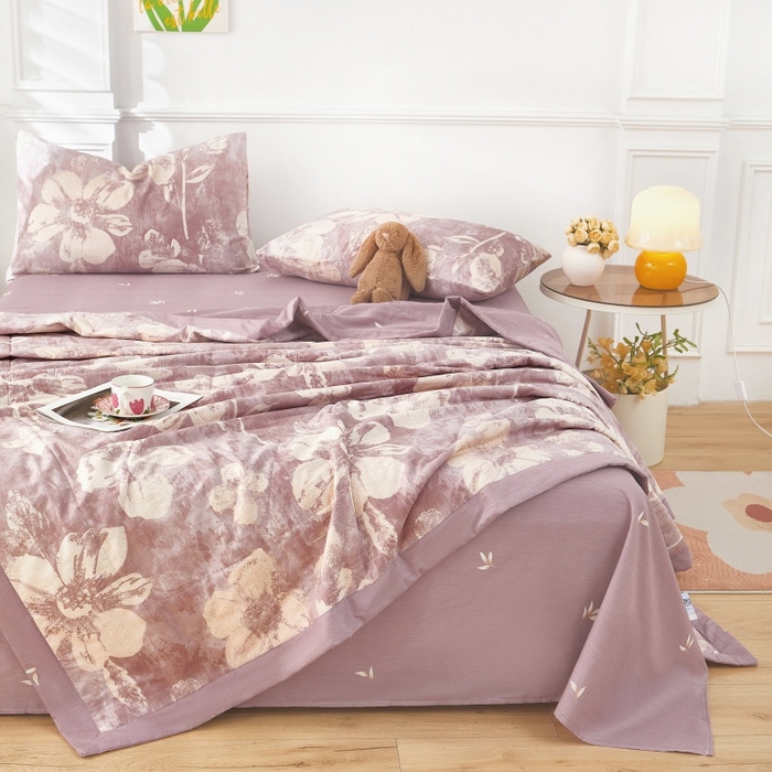 91家纺网 家纺一手货源 找家纺 黛妮雅 2026新款里外全棉印花棉花被纯棉夏被夏凉被空调被 夏被四件套暖屿-豆沙