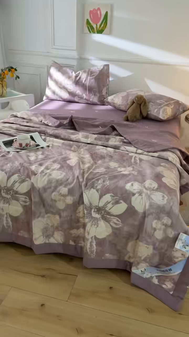 91家纺网 家纺一手货源 找家纺 黛妮雅 2026新款里外全棉印花棉花被纯棉夏被夏凉被空调被 夏被四件套暖屿-豆沙