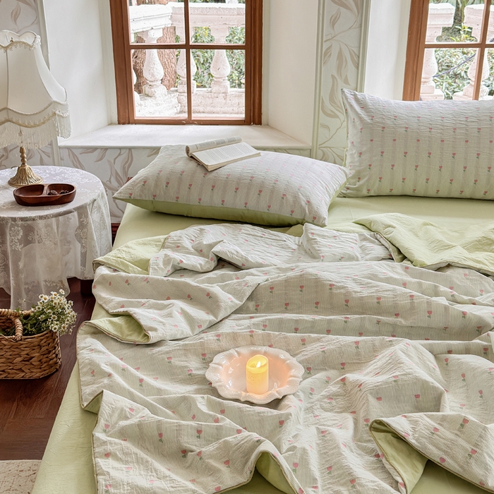 91家纺网 家纺一手货源 找家纺 木楌家居 2026新款全棉提花剪花夏被四件套 花间月