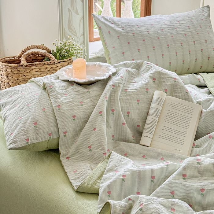 91家纺网 家纺一手货源 找家纺 木楌家居 2026新款全棉提花剪花夏被四件套 花间月