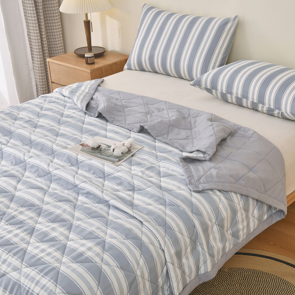 91家纺网 家纺一手货源 找家纺 培童 2025水洗棉夏被夏凉被空调被超声波压花礼品直播引流爆款 白条格