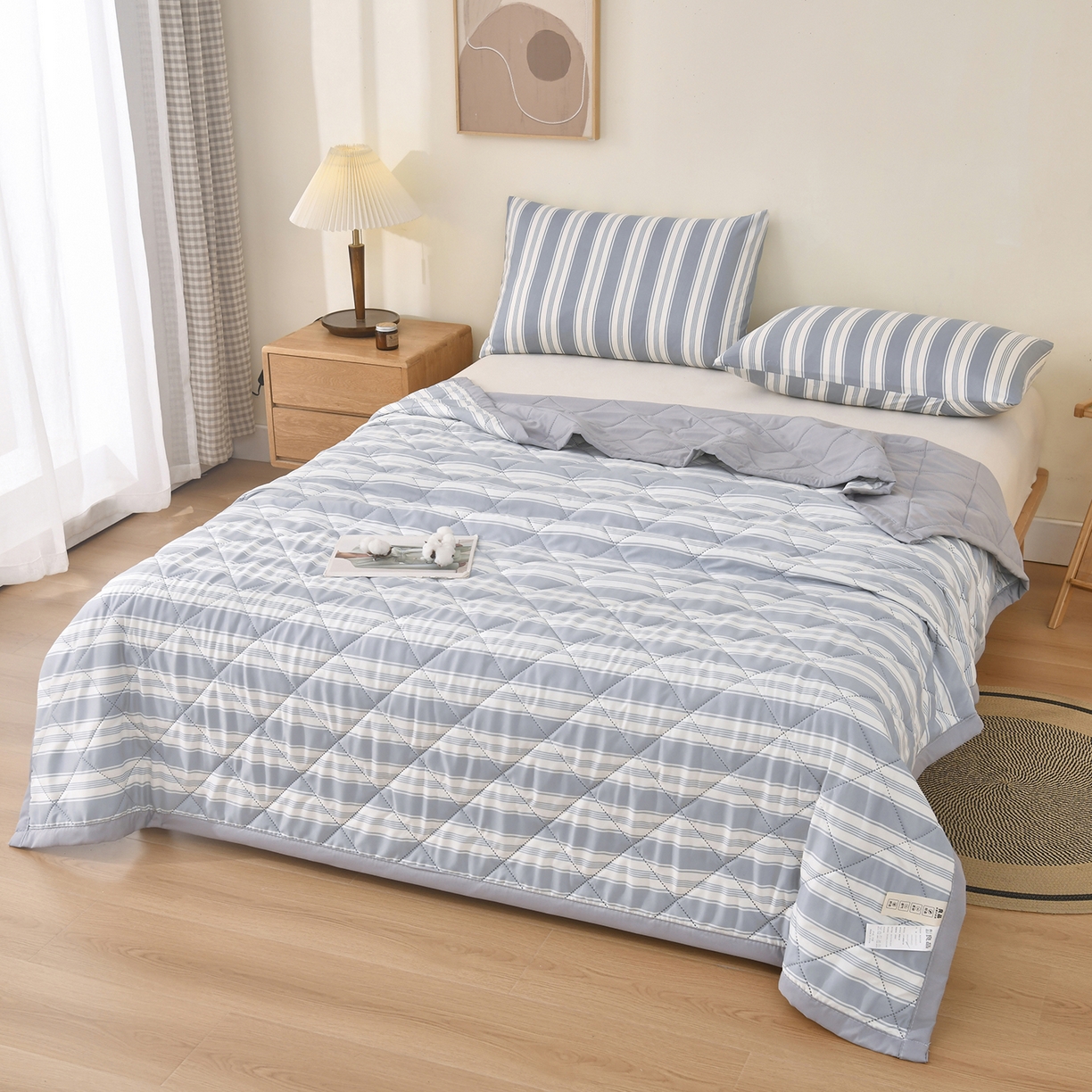 91家纺网 家纺一手货源 找家纺 培童 2025水洗棉夏被夏凉被空调被超声波压花礼品直播引流爆款 白条格