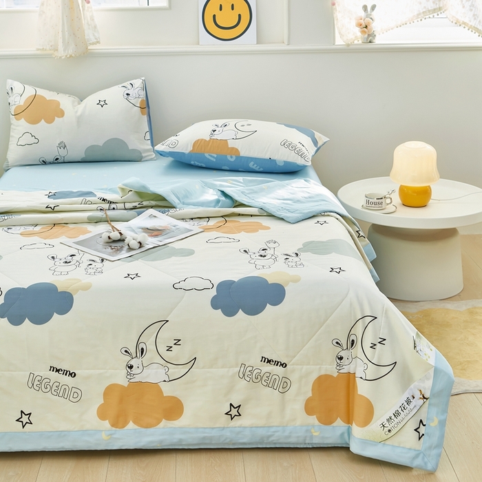 91家纺网 家纺一手货源 找家纺 黛妮雅 2026新款里外全棉印花棉花被纯棉夏被夏凉被空调被 夏被四件套铃兰兔