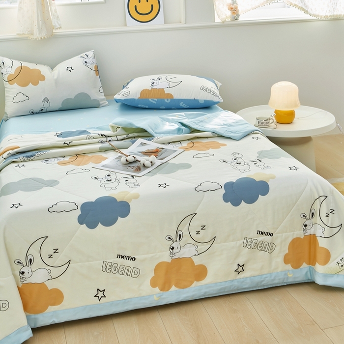 91家纺网 家纺一手货源 找家纺 黛妮雅 2026新款里外全棉印花棉花被纯棉夏被夏凉被空调被 夏被四件套铃兰兔