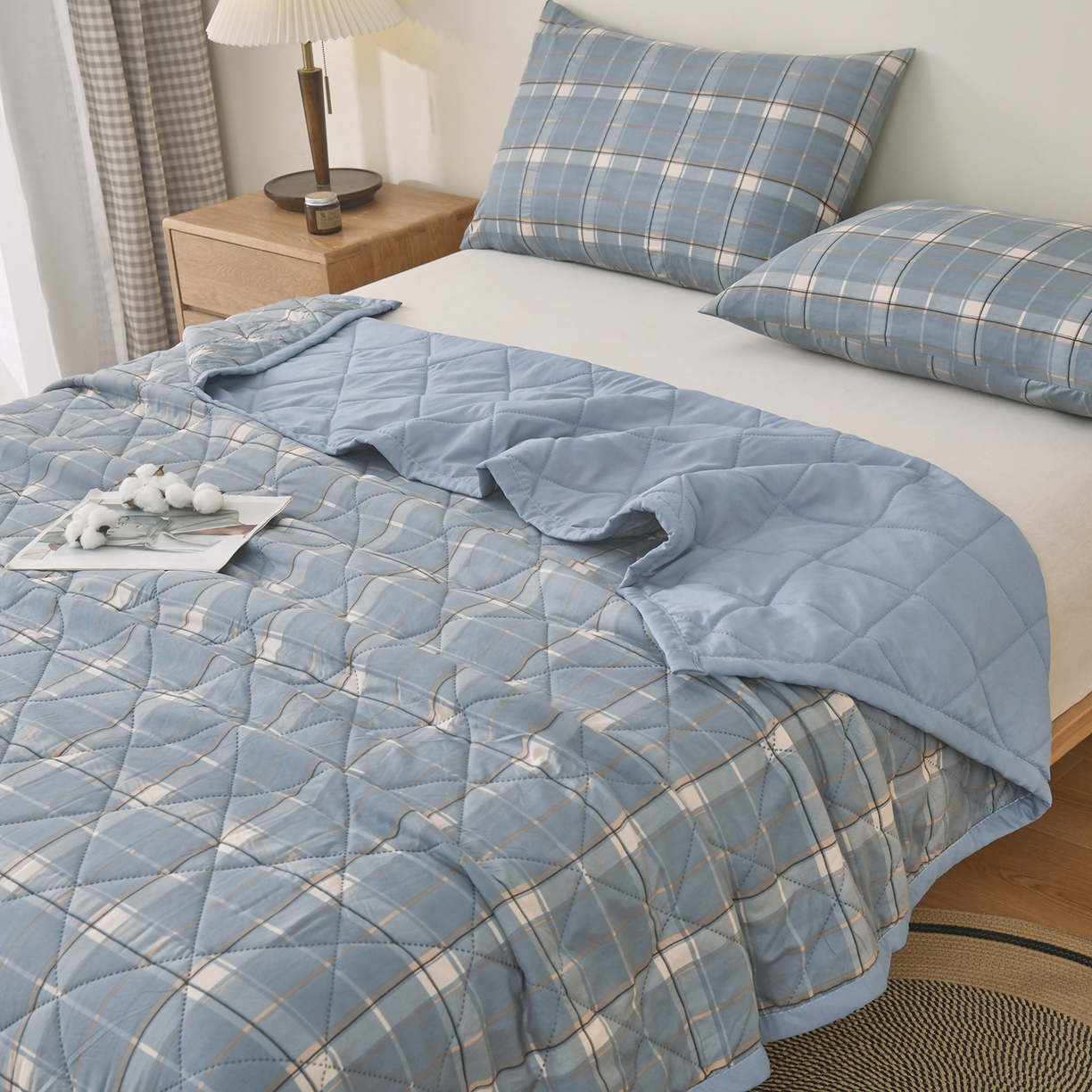 91家纺网 家纺一手货源 找家纺 培童 2025水洗棉夏被夏凉被空调被超声波压花礼品直播引流爆款 蓝中格