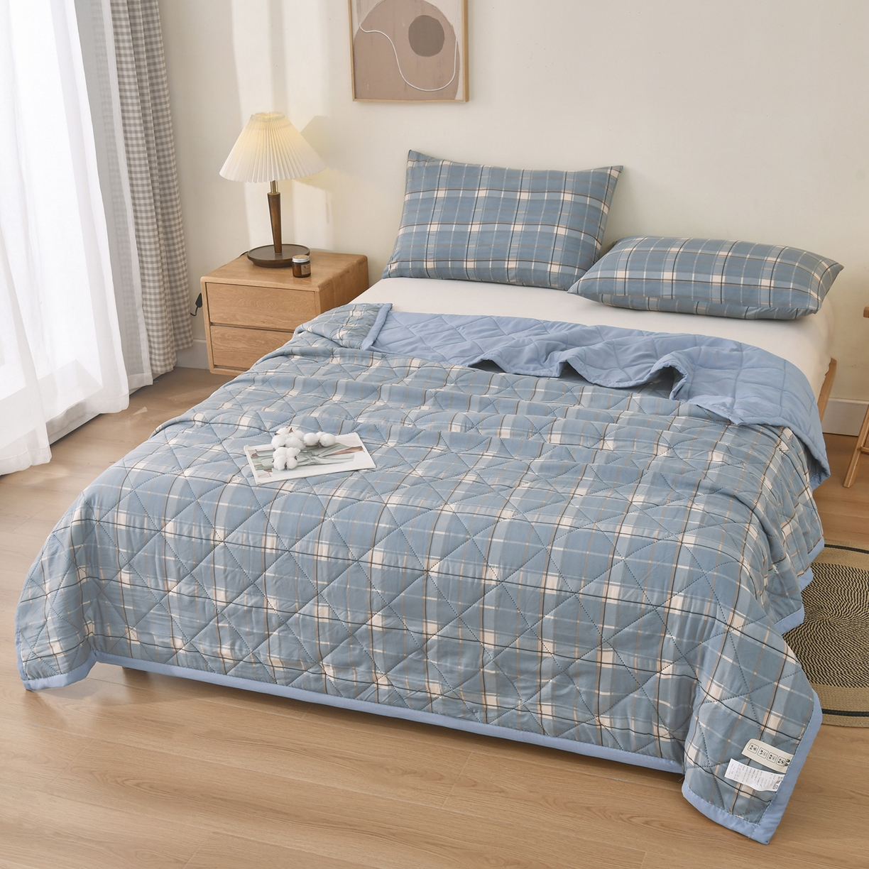 91家纺网 家纺一手货源 找家纺 培童 2025水洗棉夏被夏凉被空调被超声波压花礼品直播引流爆款 蓝中格