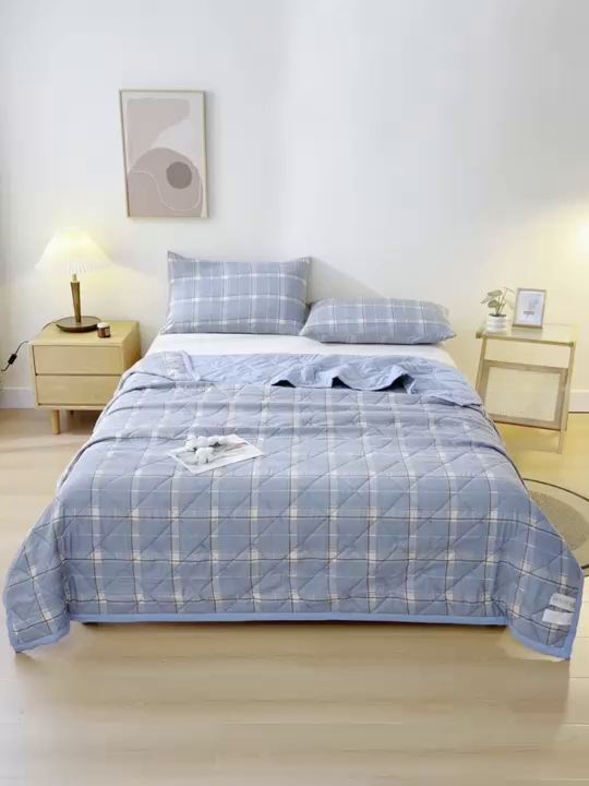 91家纺网 家纺一手货源 找家纺 培童 2025水洗棉夏被夏凉被空调被超声波压花礼品直播引流爆款 蓝中格