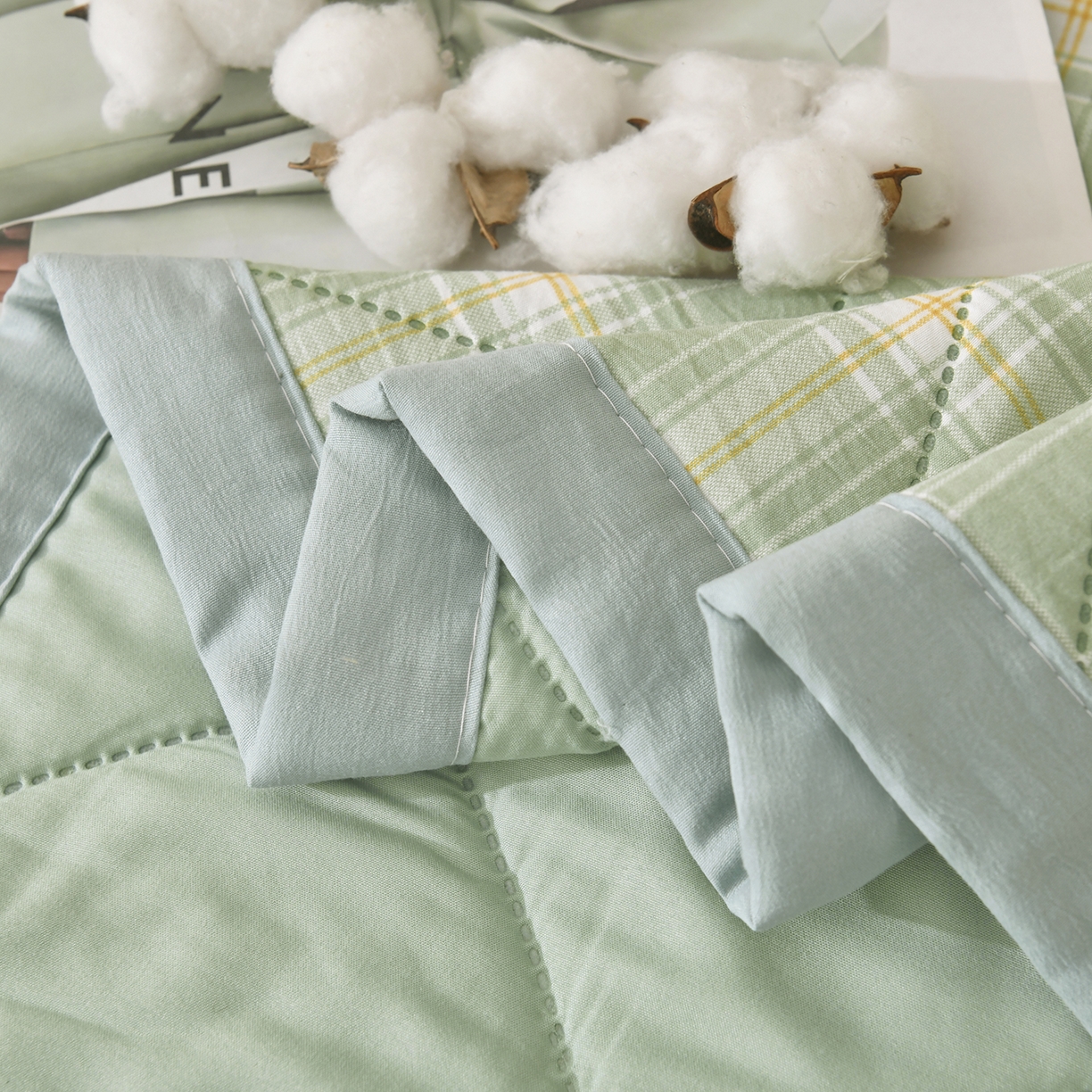 91家纺网 家纺一手货源 找家纺 培童 2025水洗棉夏被夏凉被空调被超声波压花礼品直播引流爆款 绿中格