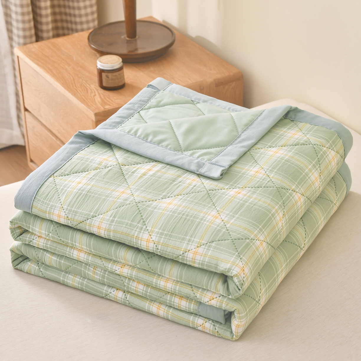 91家纺网 家纺一手货源 找家纺 培童 2025水洗棉夏被夏凉被空调被超声波压花礼品直播引流爆款 绿中格