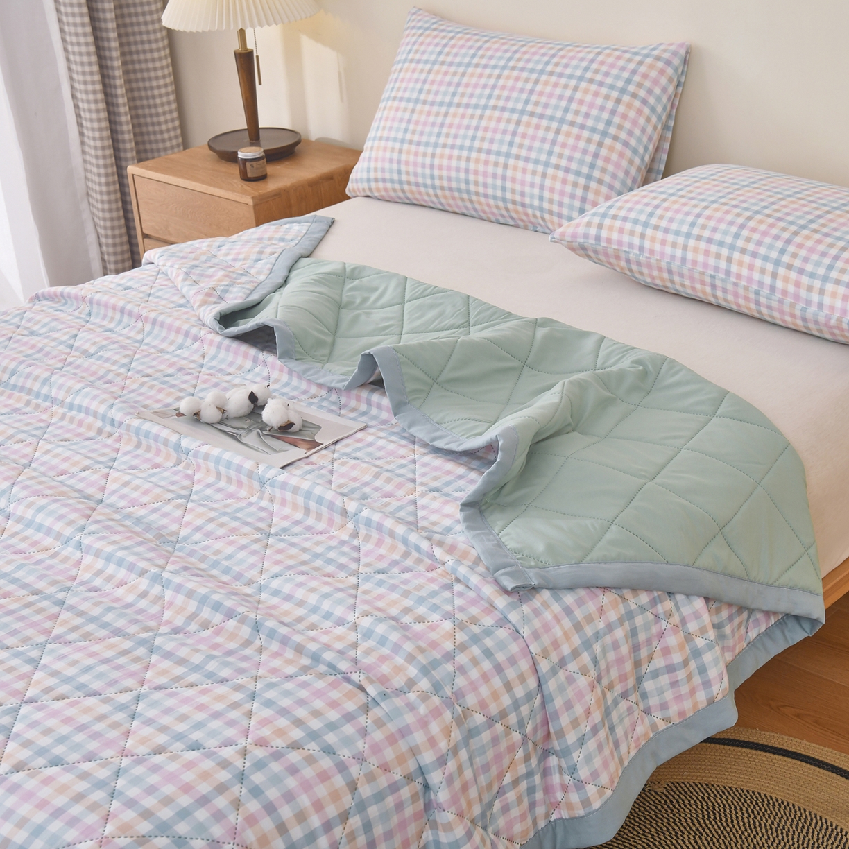 91家纺网 家纺一手货源 找家纺 培童 2025水洗棉夏被夏凉被空调被超声波压花礼品直播引流爆款 七彩格