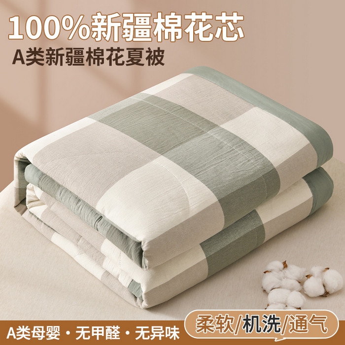 培童家纺 2026新款全棉色织水洗棉A类棉花夏被可机洗空调被四件套床单枕套 绿大格