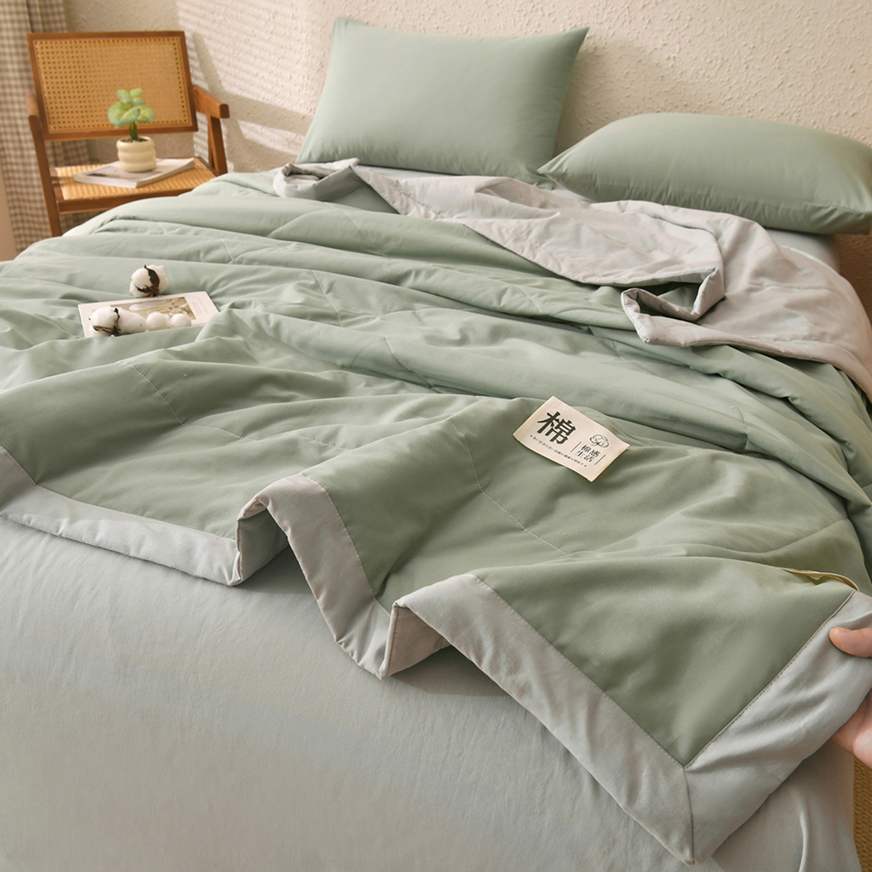 91家纺网 家纺一手货源 找家纺 培童家纺 2026新款全棉色织水洗棉A类棉花夏被可机洗空调被四件套床单枕套 灰绿
