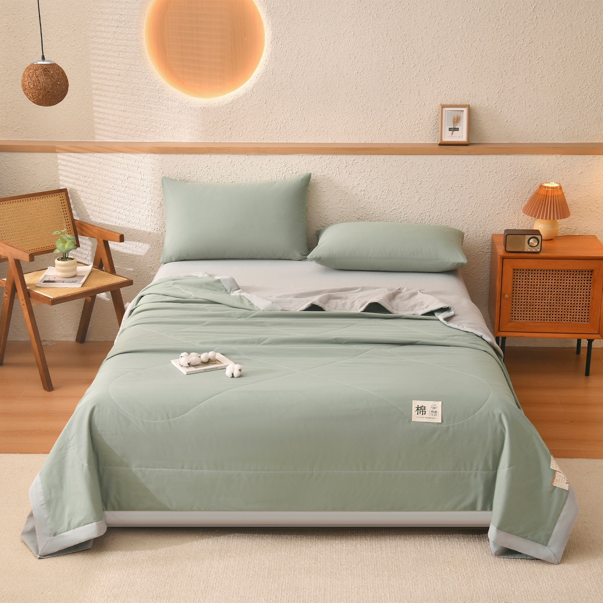 91家纺网 家纺一手货源 找家纺 培童家纺 2026新款全棉色织水洗棉A类棉花夏被可机洗空调被四件套床单枕套 灰绿