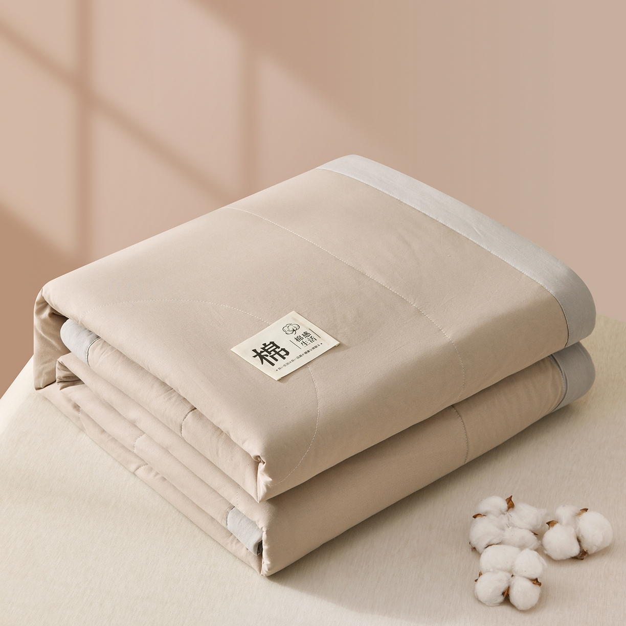 培童家纺 2026新款全棉色织水洗棉A类棉花夏被可机洗空调被四件套床单枕套 棕小格