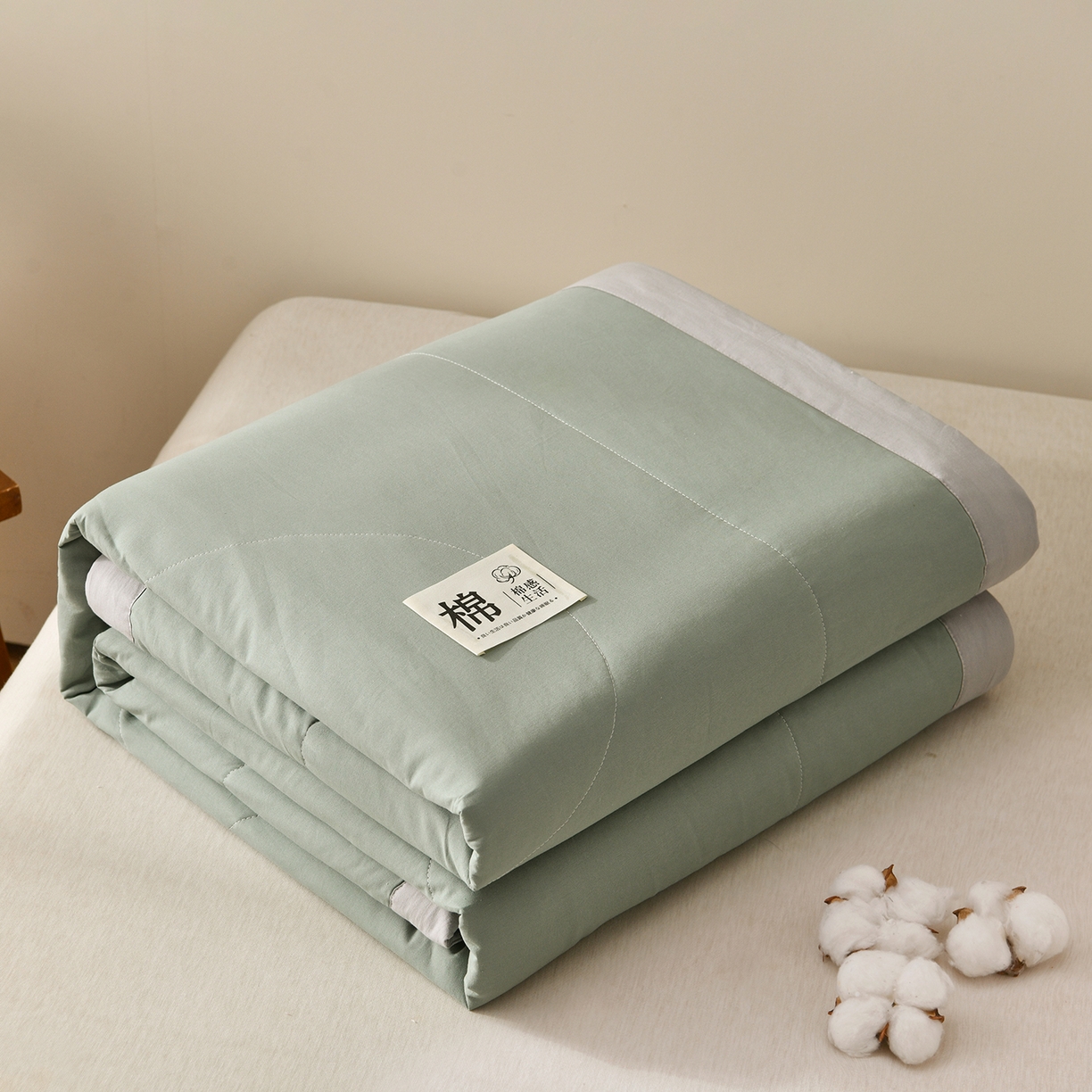 91家纺网 家纺一手货源 找家纺 培童家纺 2026新款全棉色织水洗棉A类棉花夏被可机洗空调被四件套床单枕套 灰绿