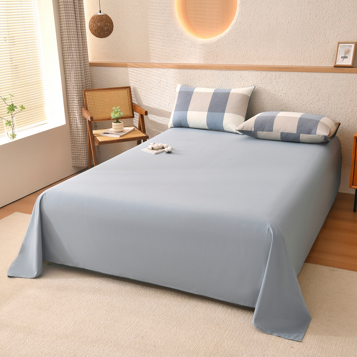 91家纺网 家纺一手货源 找家纺 培童家纺 2026新款全棉色织水洗棉A类棉花夏被可机洗空调被四件套床单枕套 蓝大格