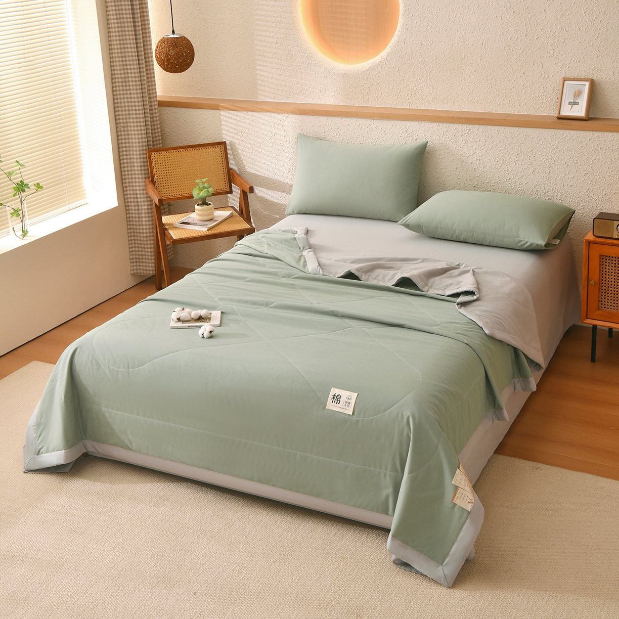 91家纺网 家纺一手货源 找家纺 培童家纺 2026新款全棉色织水洗棉A类棉花夏被可机洗空调被四件套床单枕套 灰绿