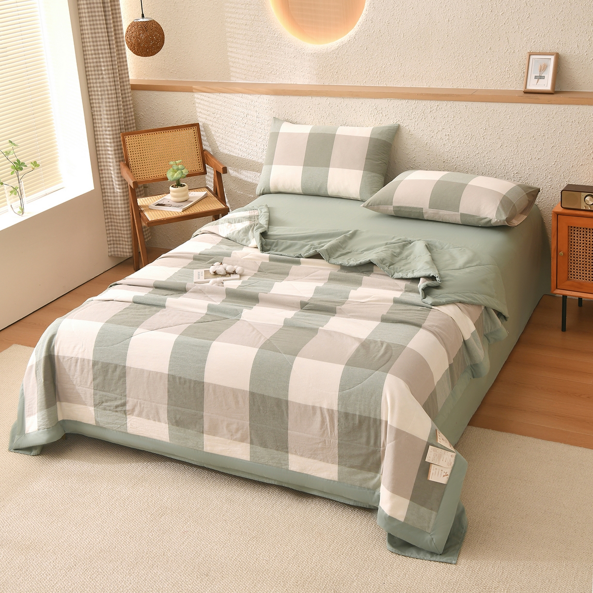 91家纺网 家纺一手货源 找家纺 培童家纺 2026新款全棉色织水洗棉A类棉花夏被可机洗空调被四件套床单枕套 绿大格