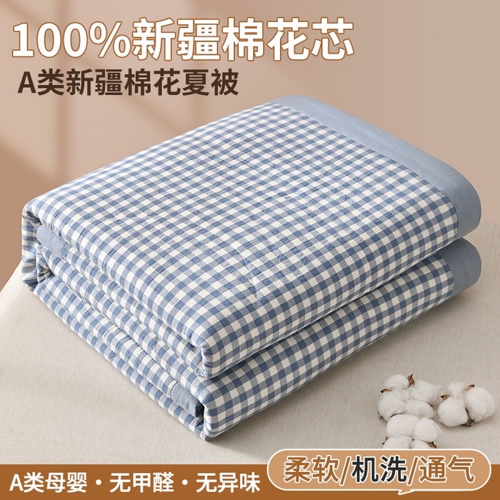 培童家纺 2026新款全棉色织水洗棉A类棉花夏被可机洗空调被四件套床单枕套 蓝小格