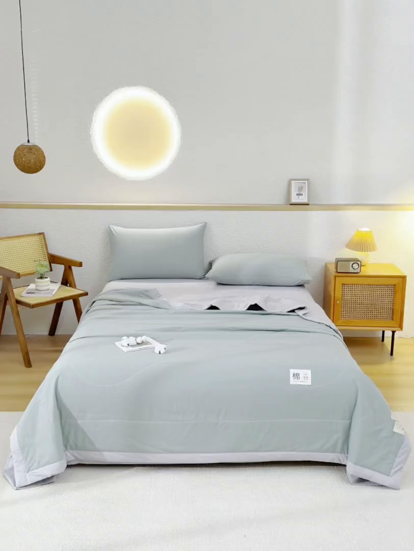 91家纺网 家纺一手货源 找家纺 培童家纺 2026新款全棉色织水洗棉A类棉花夏被可机洗空调被四件套床单枕套 灰绿