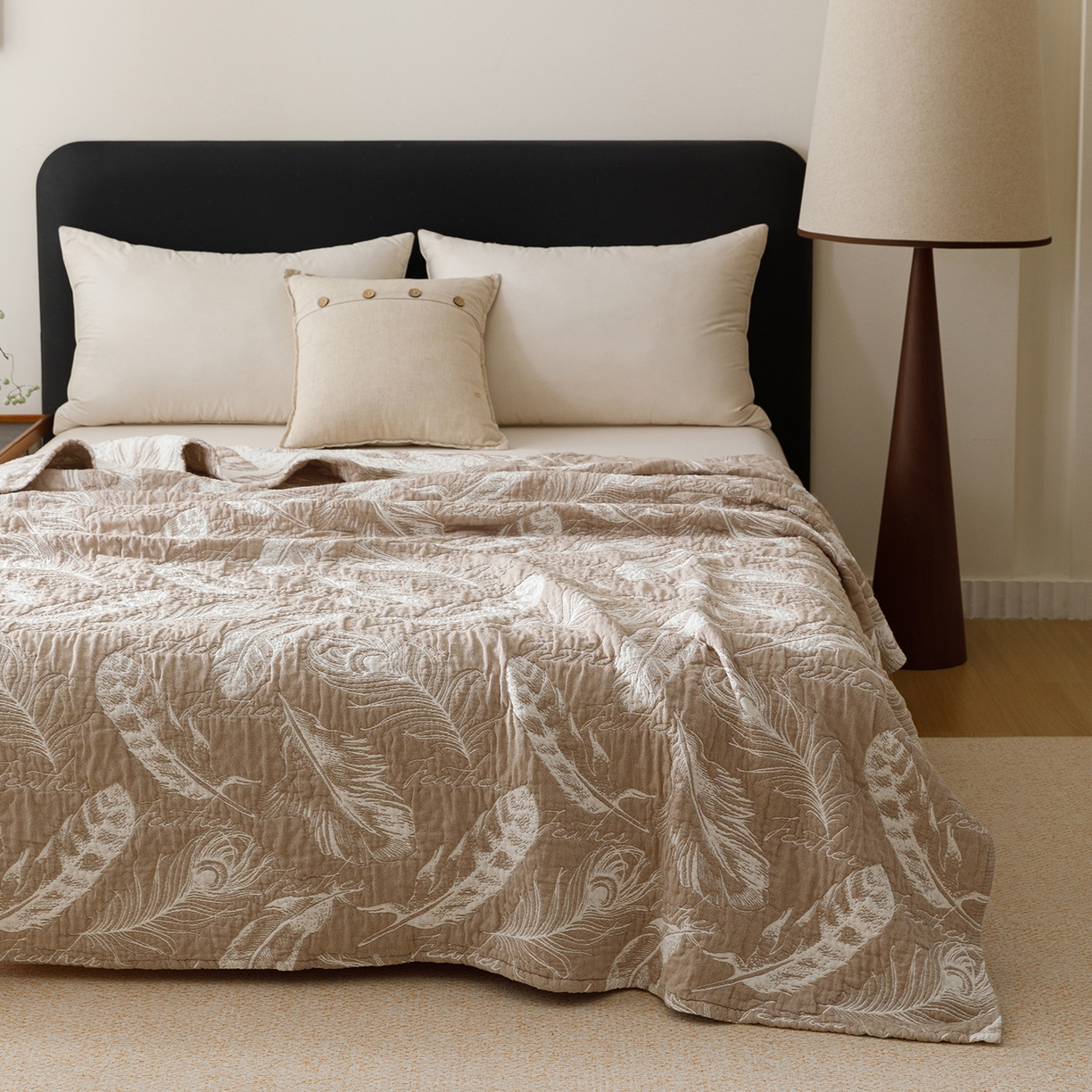 悦然毛巾被 2026新款外贸全棉三层纱布毛巾被盖毯 空灵羽咖