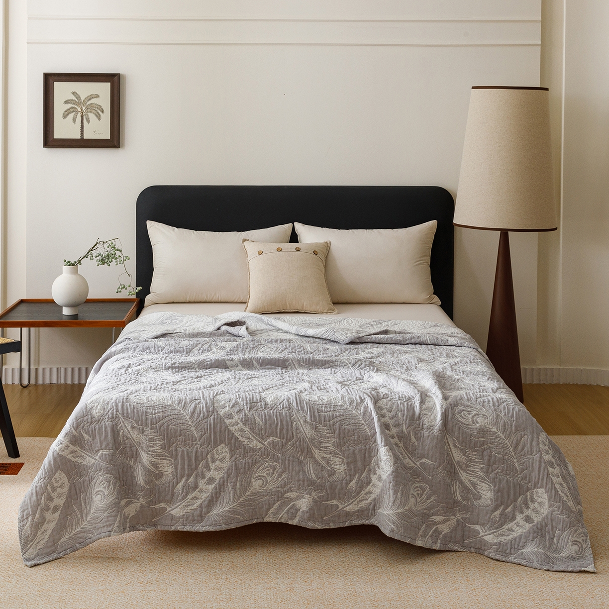 91家纺网 家纺一手货源 找家纺 悦然毛巾被 2026新款外贸全棉三层纱布毛巾被盖毯 空灵羽灰