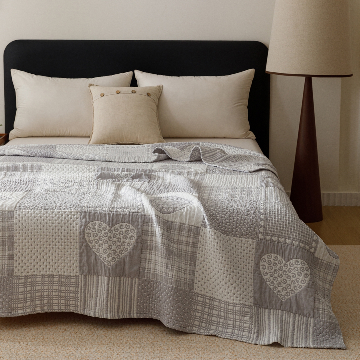 悦然毛巾被 2026新款外贸全棉三层纱布毛巾被盖毯 爱心拼布灰