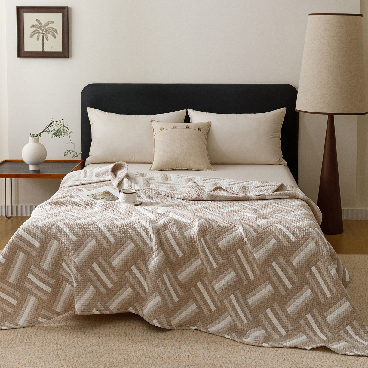 91家纺网 家纺一手货源 找家纺 悦然毛巾被 2026新款外贸全棉三层纱布毛巾被盖毯 迷宫格咖