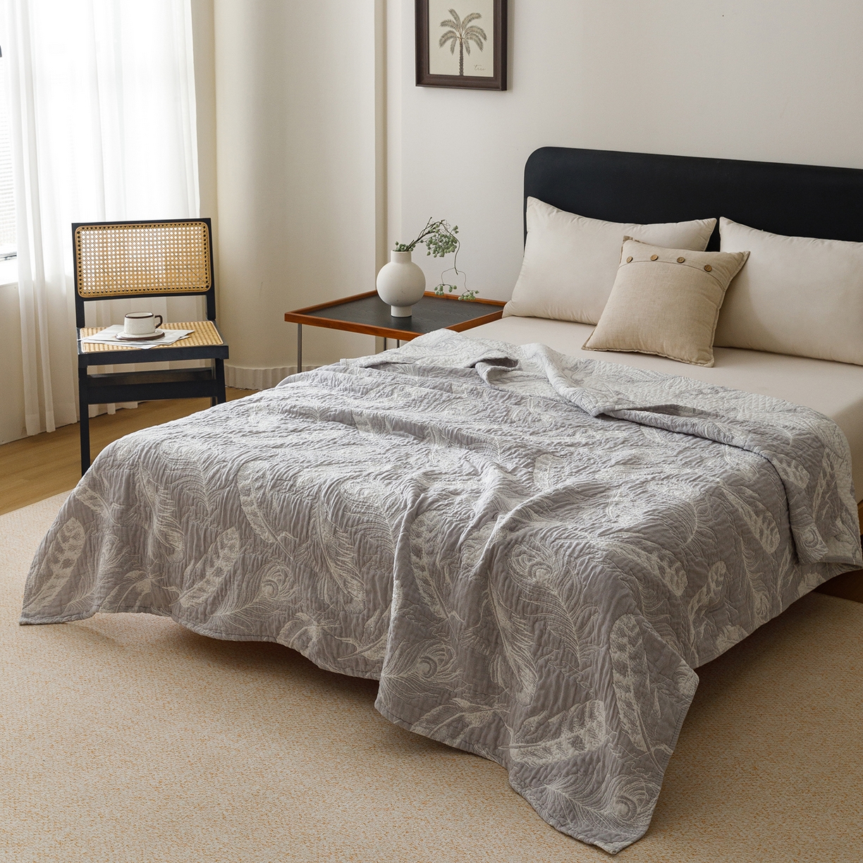 91家纺网 家纺一手货源 找家纺 悦然毛巾被 2026新款外贸全棉三层纱布毛巾被盖毯 空灵羽灰