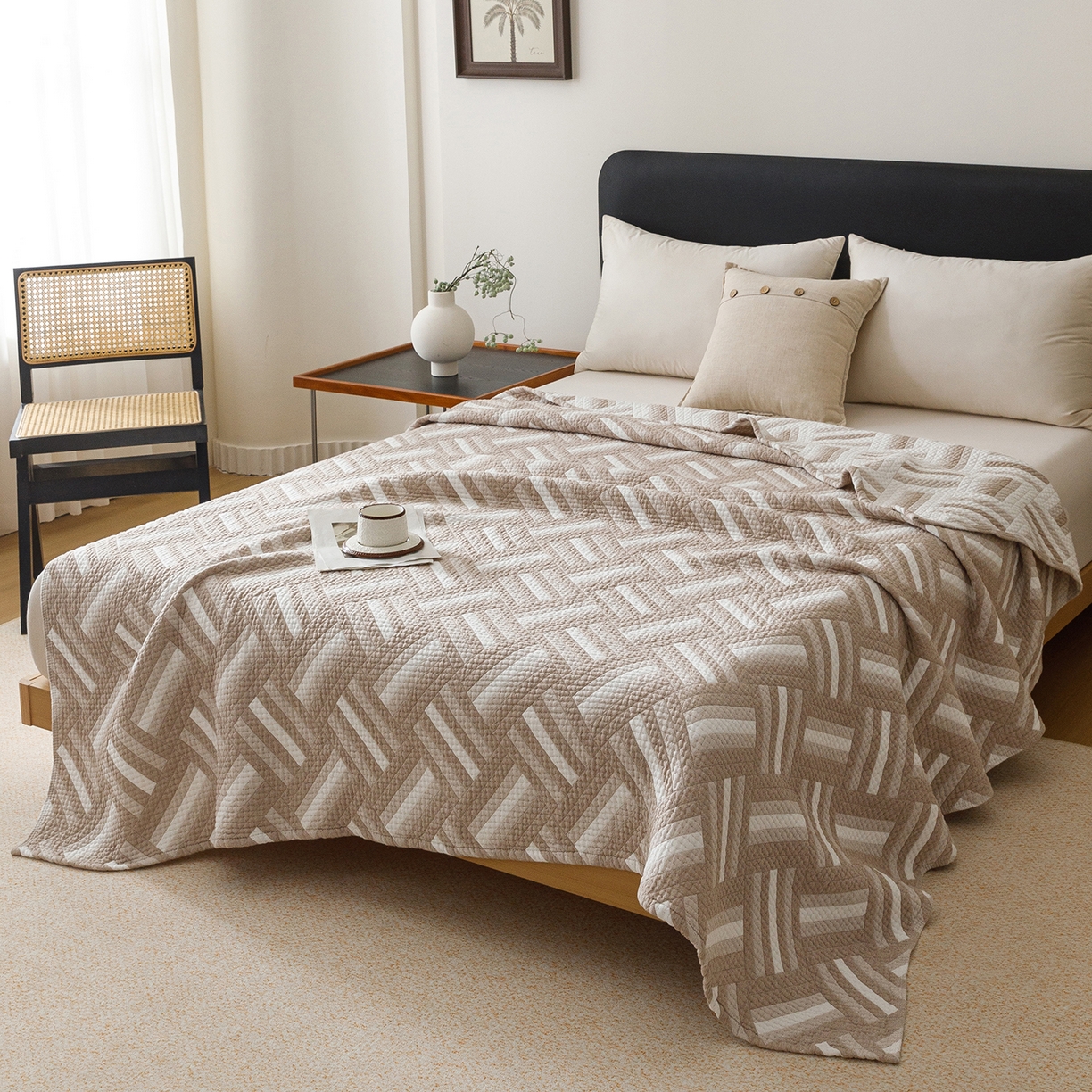 91家纺网 家纺一手货源 找家纺 悦然毛巾被 2026新款外贸全棉三层纱布毛巾被盖毯 迷宫格咖