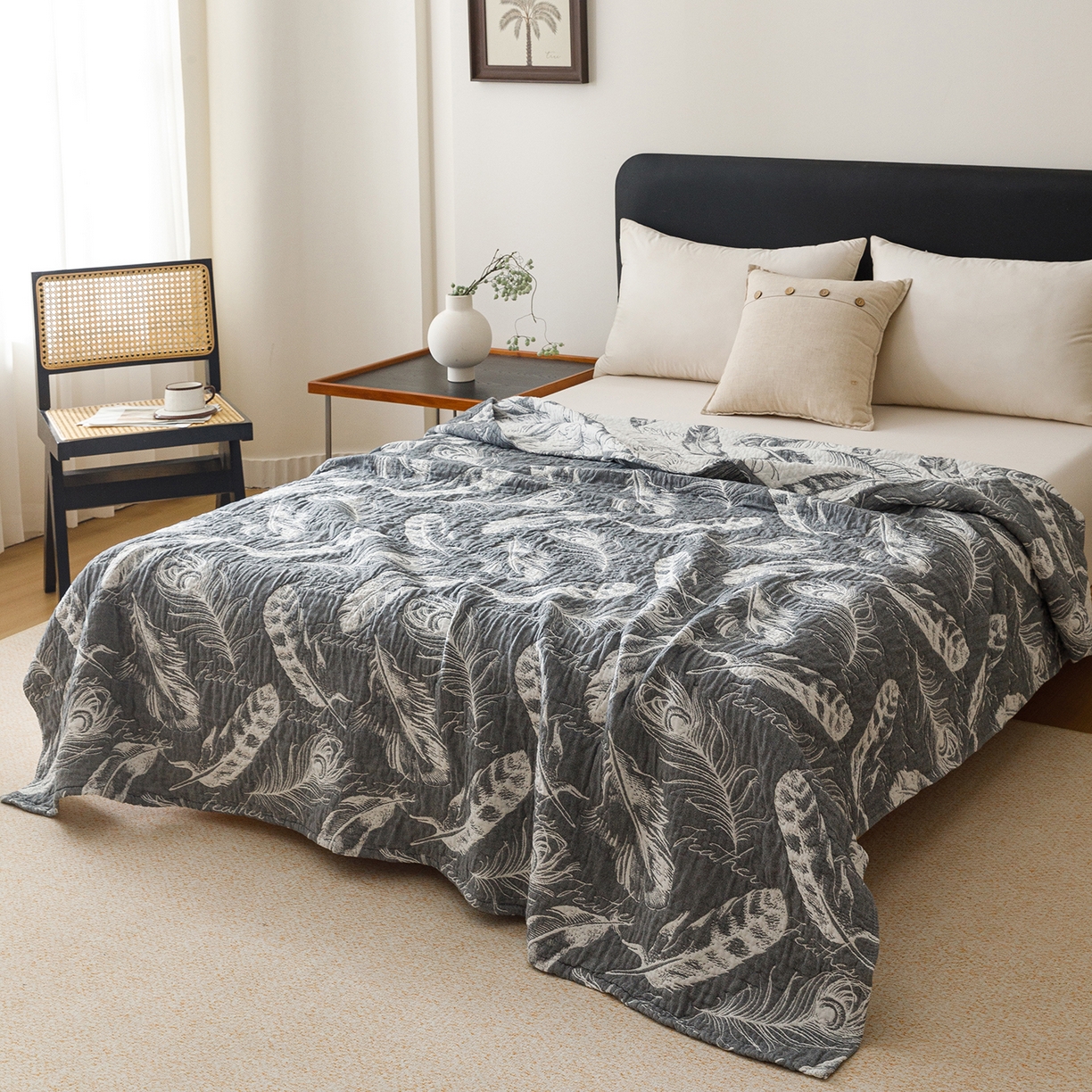 91家纺网 家纺一手货源 找家纺 悦然毛巾被 2026新款外贸全棉三层纱布毛巾被盖毯 空灵羽蓝