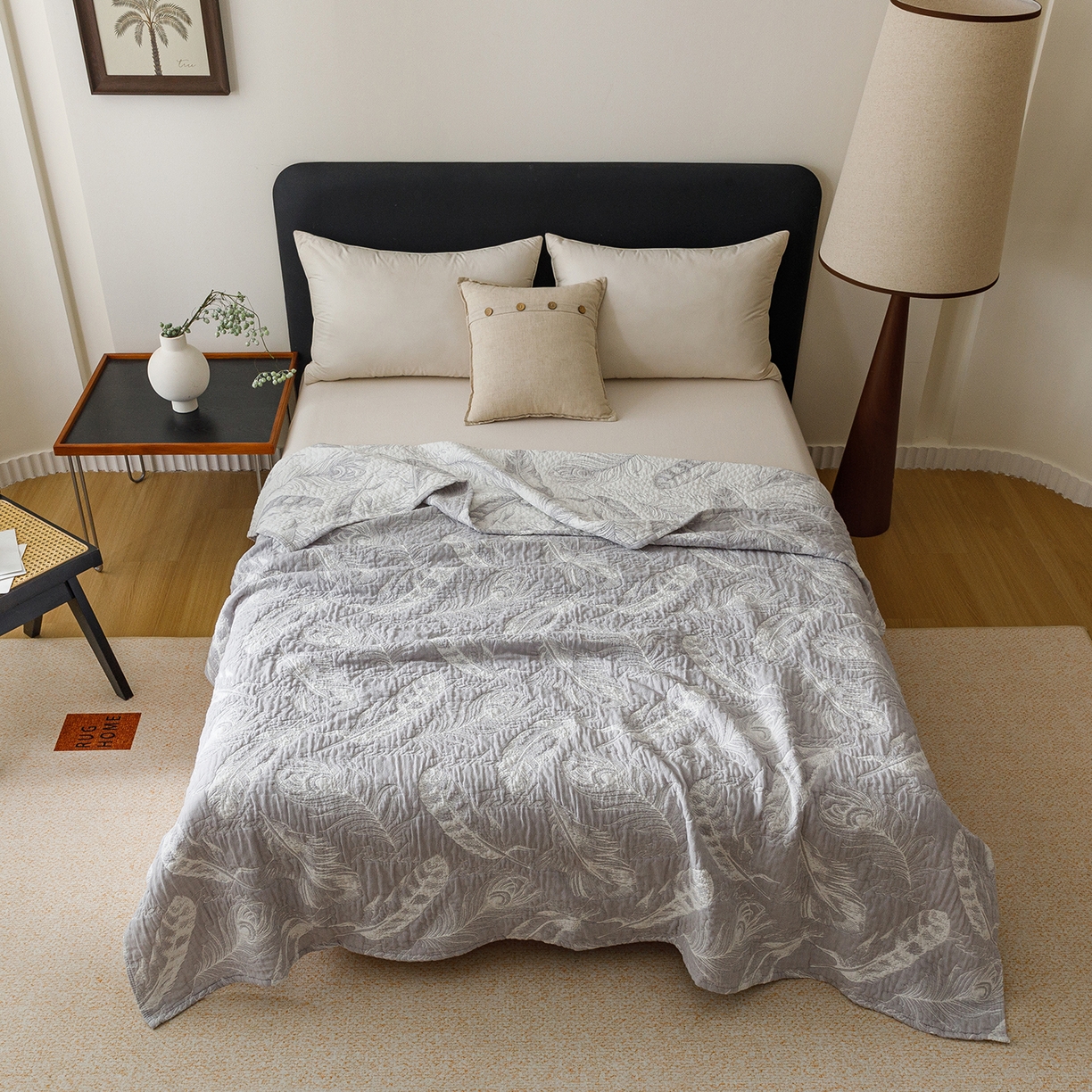 91家纺网 家纺一手货源 找家纺 悦然毛巾被 2026新款外贸全棉三层纱布毛巾被盖毯 空灵羽灰