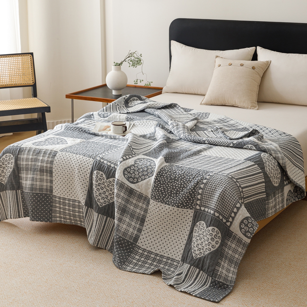 91家纺网 家纺一手货源 找家纺 悦然毛巾被 2026新款外贸全棉三层纱布毛巾被盖毯 爱心拼布蓝