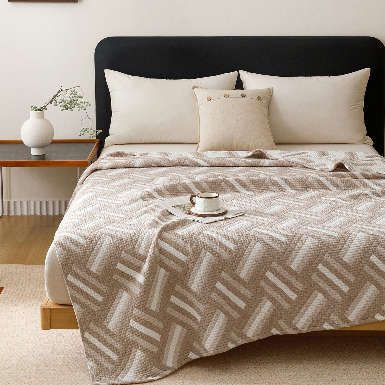 91家纺网 家纺一手货源 找家纺 悦然毛巾被 2026新款外贸全棉三层纱布毛巾被盖毯 迷宫格咖